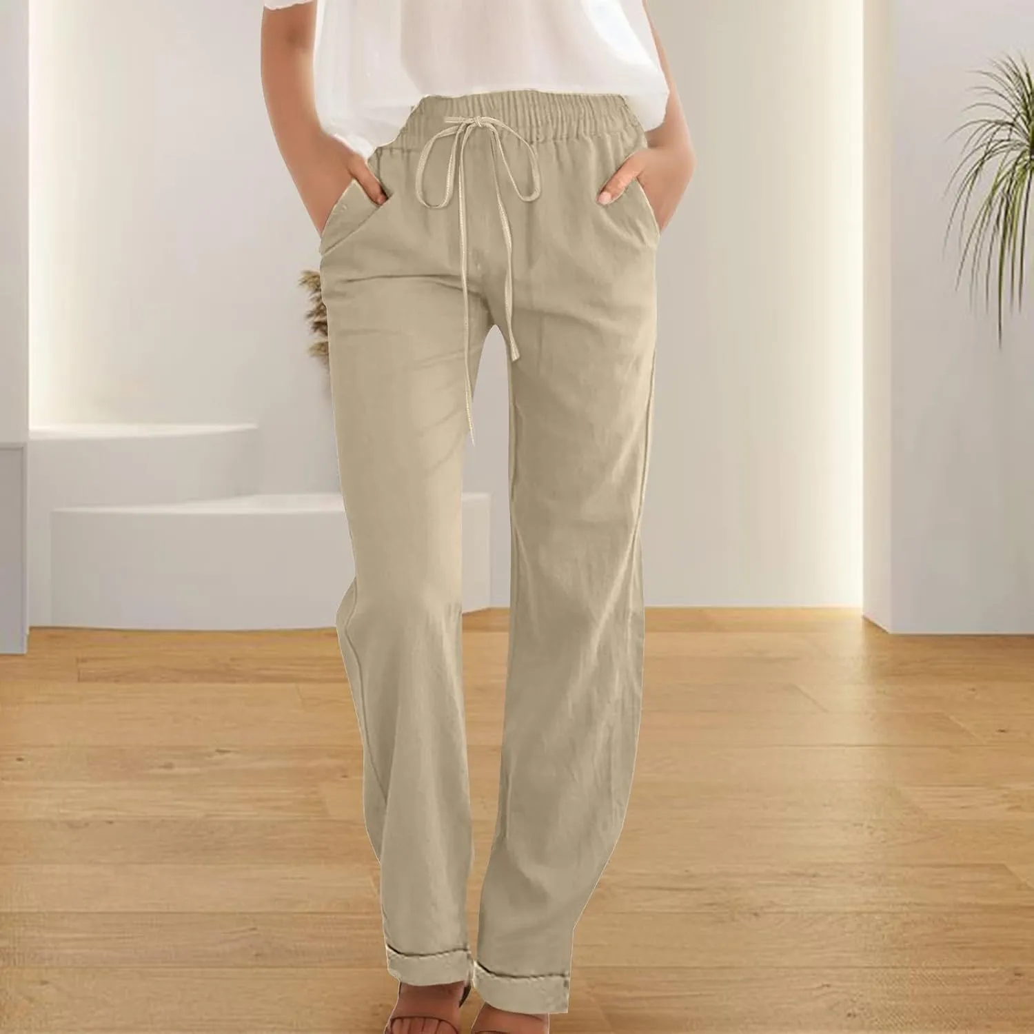 Straight Leg Linen Pants for Women 2025 Summer Slim Leg Elastic Waist Trousers Fashion Casual Lounge Work Office Pant