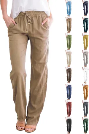Straight Leg Linen Pants Women Summer Boho Pants Lightweight Loose Cotton Pants High Waisted Lounge Pants Trousers