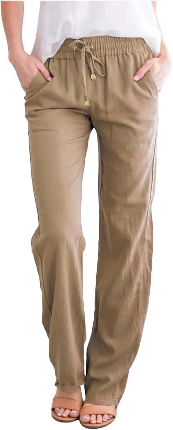 Straight Leg Linen Pants Women Summer Boho Pants Lightweight Loose Cotton Pants High Waisted Lounge Pants Trousers