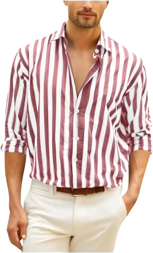 Striped Color Block Shirts for Men Casual Long Sleeve Button Down Shirts Loose Summer Beach Collared Top