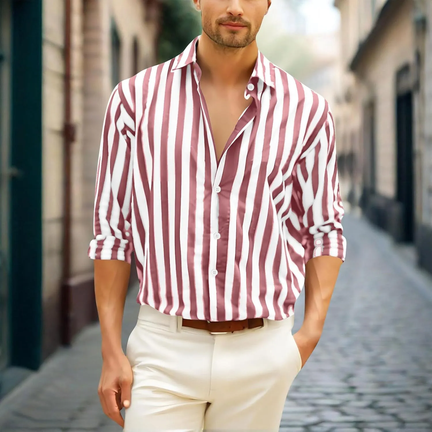 Striped Color Block Shirts for Men Casual Long Sleeve Button Down Shirts Loose Summer Beach Collared Top