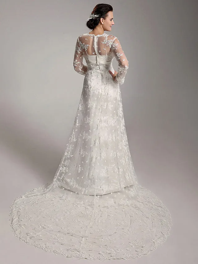 StylishSheath Wedding Dress Square Lace Satin Long Sleeve Bridal Gowns with Sweep Train