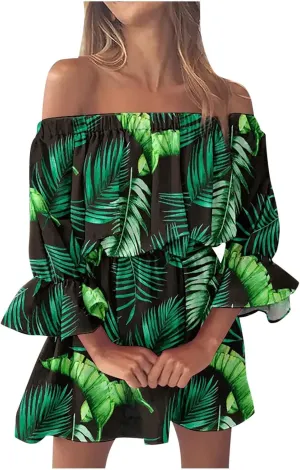 Summer Boho Dresses for Women Beach Sexy Off Shoulder Tunic Sundresses Casual Loose Fit Short Sleeve Mini Floral Dress