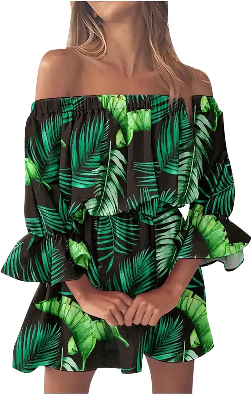 Summer Boho Dresses for Women Beach Sexy Off Shoulder Tunic Sundresses Casual Loose Fit Short Sleeve Mini Floral Dress