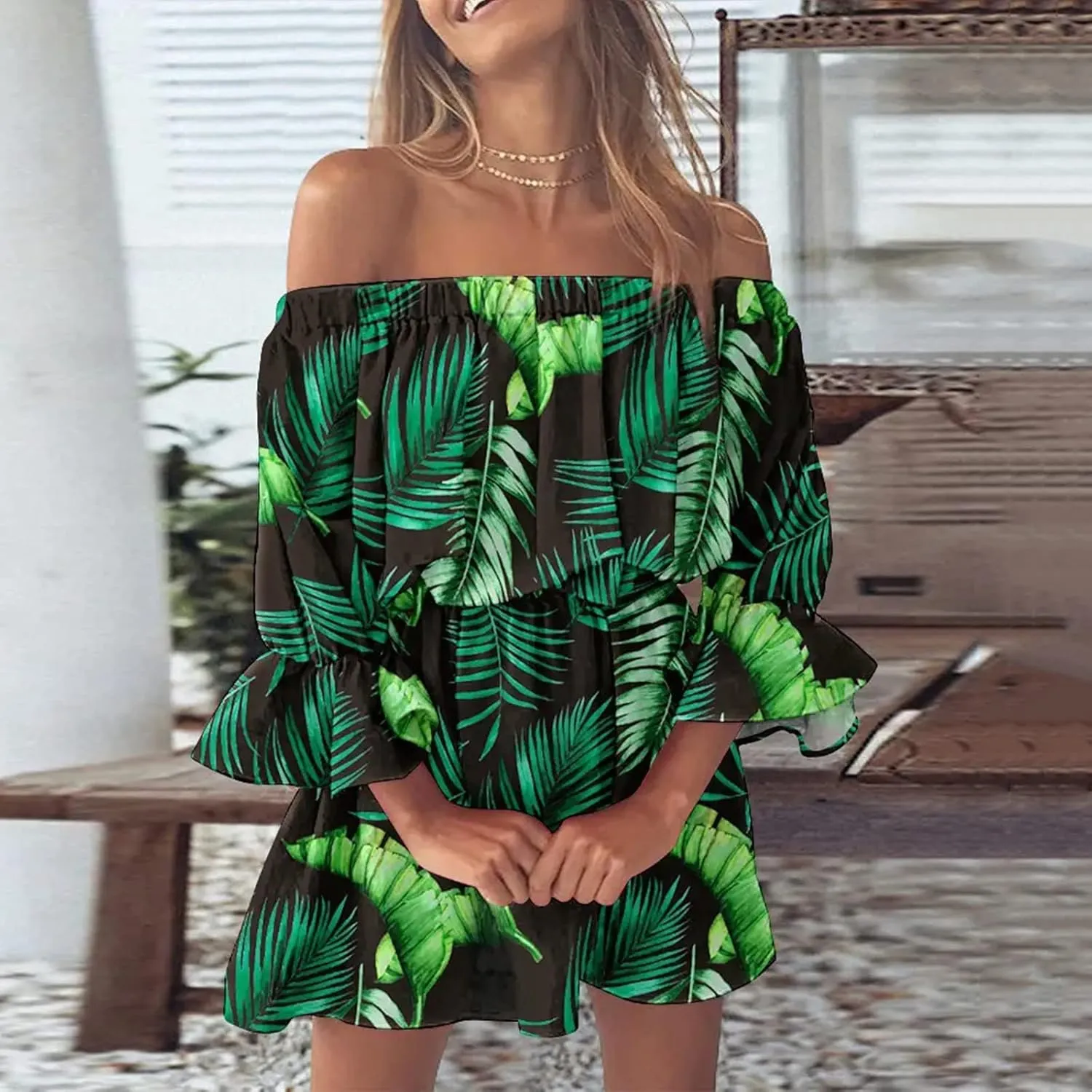 Summer Boho Dresses for Women Beach Sexy Off Shoulder Tunic Sundresses Casual Loose Fit Short Sleeve Mini Floral Dress