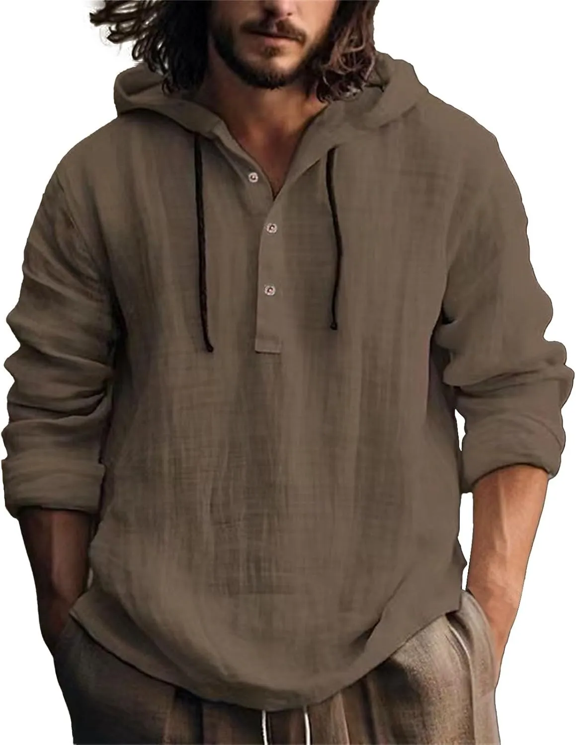 Summer Cotton and Linen Hoodies for Men Solid Fashion Lightweight Shirt Quarter Button V Neck Long Sleeve Drawstring Pullover