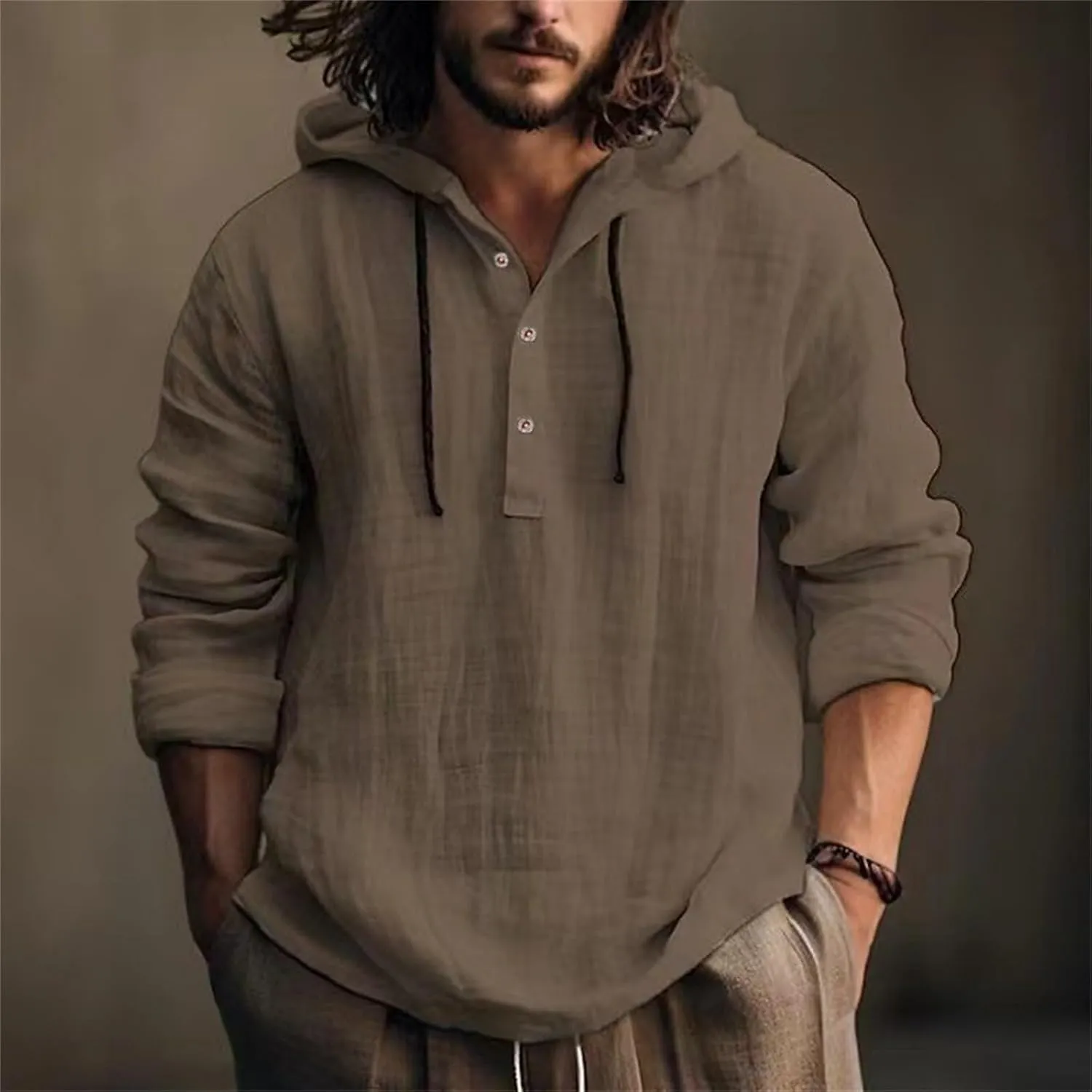 Summer Cotton and Linen Hoodies for Men Solid Fashion Lightweight Shirt Quarter Button V Neck Long Sleeve Drawstring Pullover