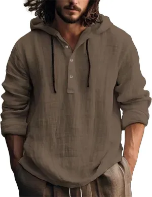 Summer Cotton and Linen Hoodies for Men Solid Fashion Lightweight Shirt Quarter Button V Neck Long Sleeve Drawstring Pullover