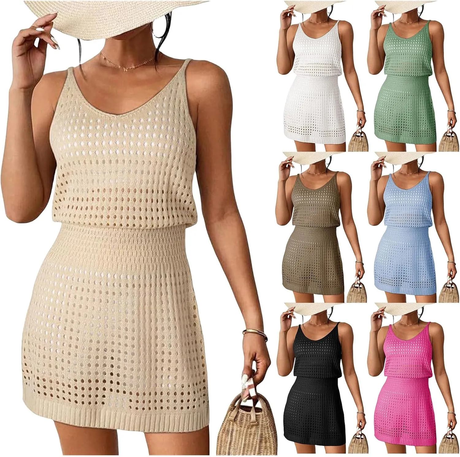 Summer Crochet Hollow Out Knit Beach Bathing Suit Swim Cover Ups for Women Sleeveless Vacation Dresses Outfits
