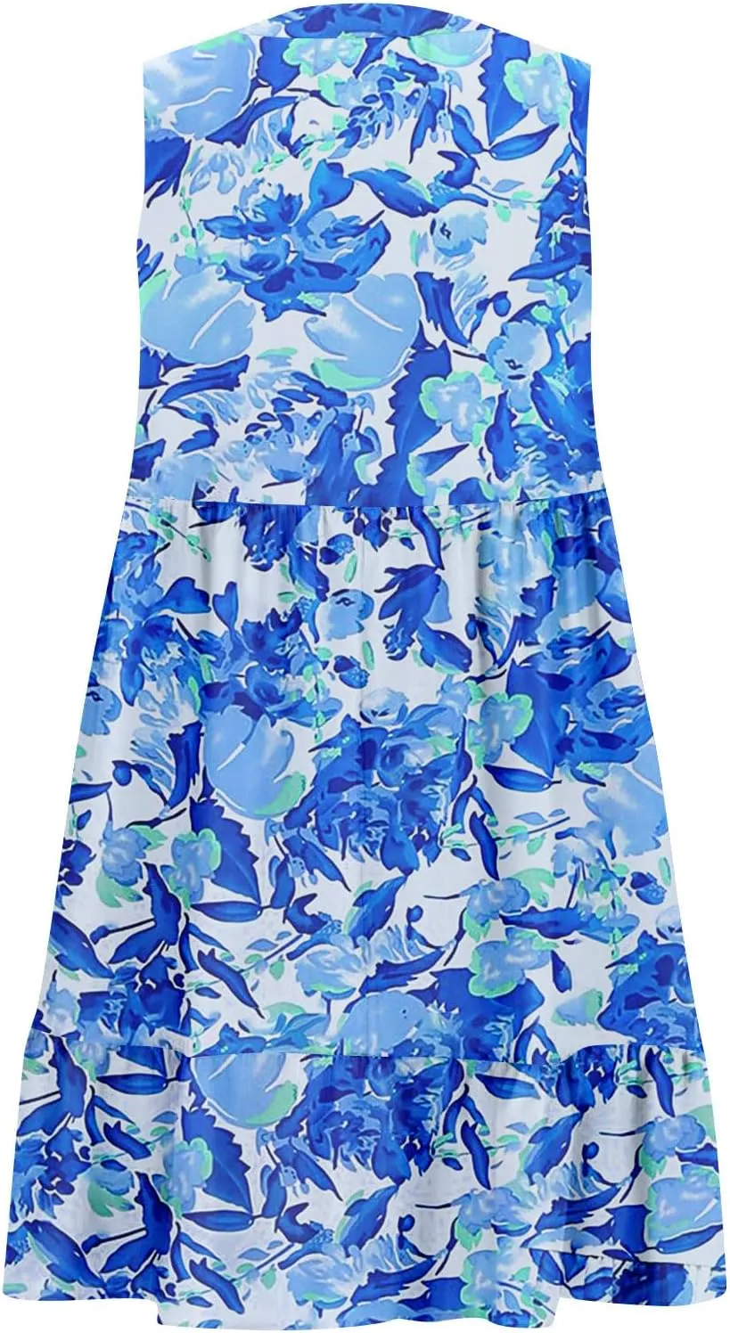 Summer Dresses for Women 2025 Casual Sleeveless Boho Floral High Waisted Ruffle V Neck Color Block A Line Mini Dress