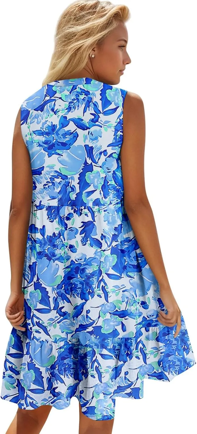 Summer Dresses for Women 2025 Casual Sleeveless Boho Floral High Waisted Ruffle V Neck Color Block A Line Mini Dress