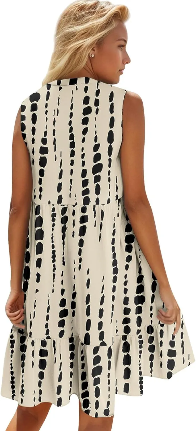 Summer Dresses for Women 2025 Casual Sleeveless Boho Floral High Waisted Ruffle V Neck Color Block A Line Mini Dress