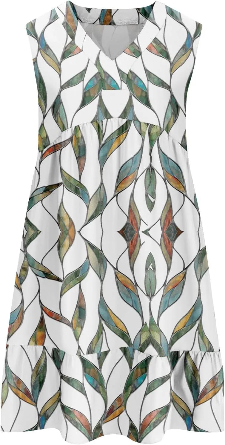 Summer Dresses for Women 2025 Casual Sleeveless Boho Floral High Waisted Ruffle V Neck Color Block A Line Mini Dress