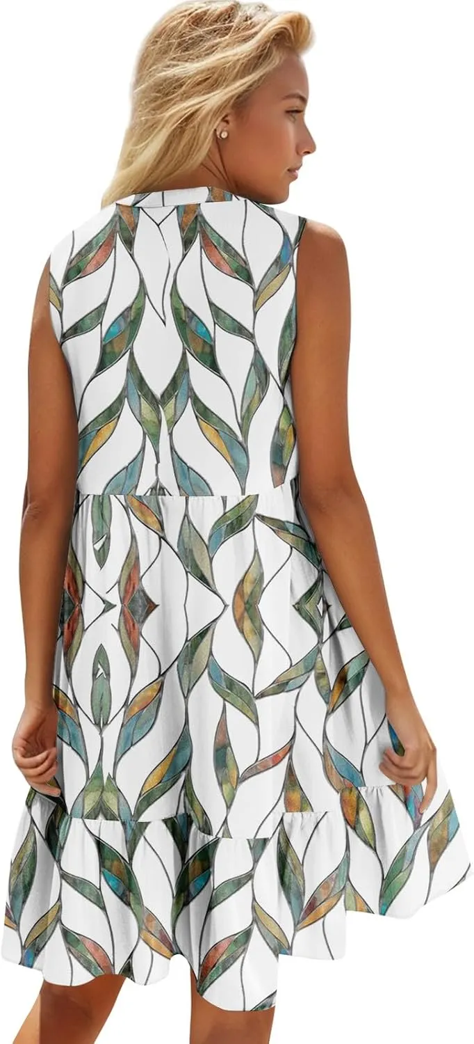 Summer Dresses for Women 2025 Casual Sleeveless Boho Floral High Waisted Ruffle V Neck Color Block A Line Mini Dress