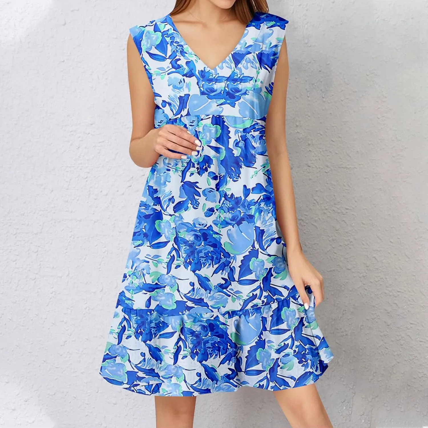 Summer Dresses for Women 2025 Casual Sleeveless Boho Floral High Waisted Ruffle V Neck Color Block A Line Mini Dress