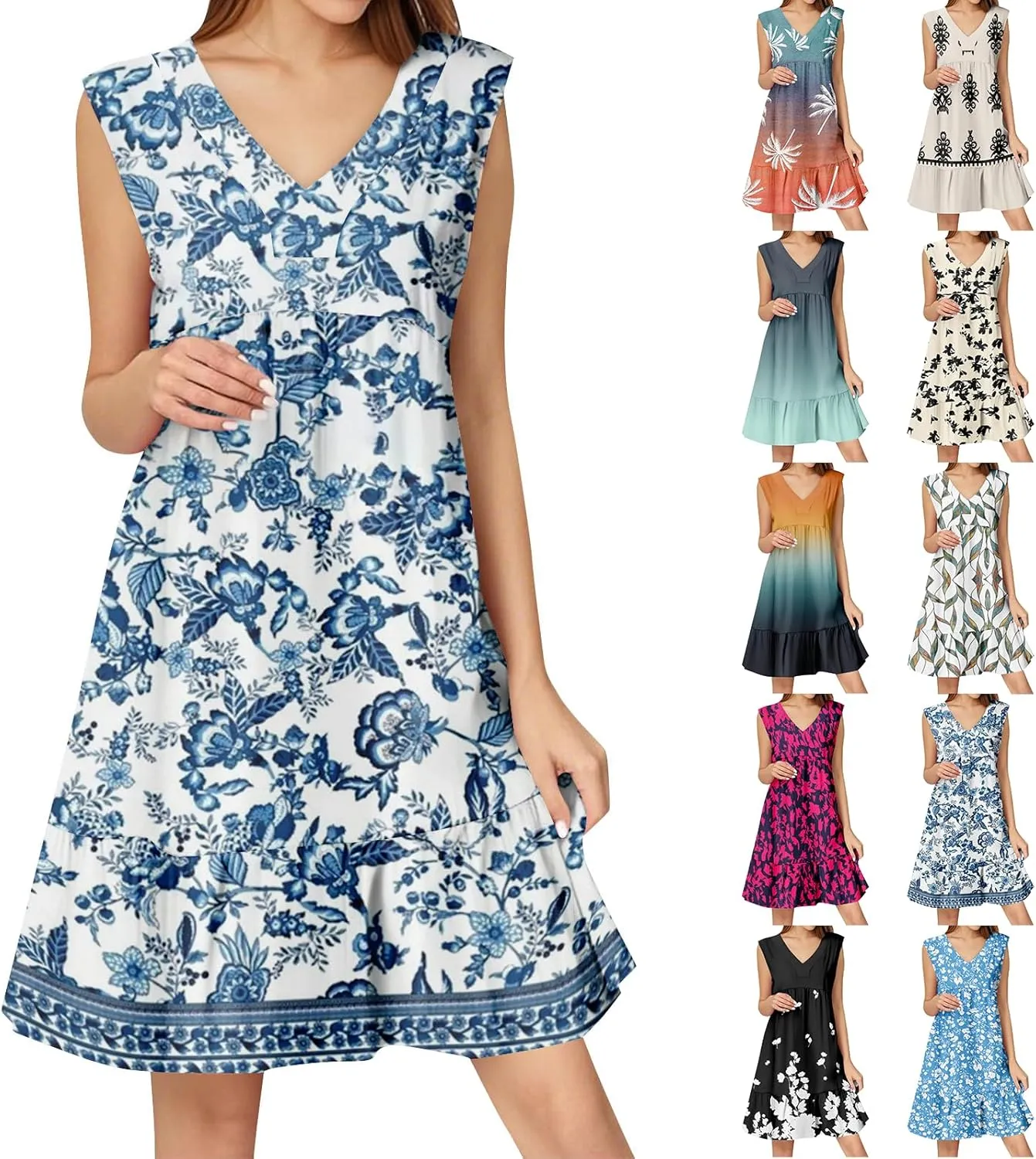 Summer Dresses for Women 2025 Casual Sleeveless Boho Floral High Waisted Ruffle V Neck Color Block A Line Mini Dress
