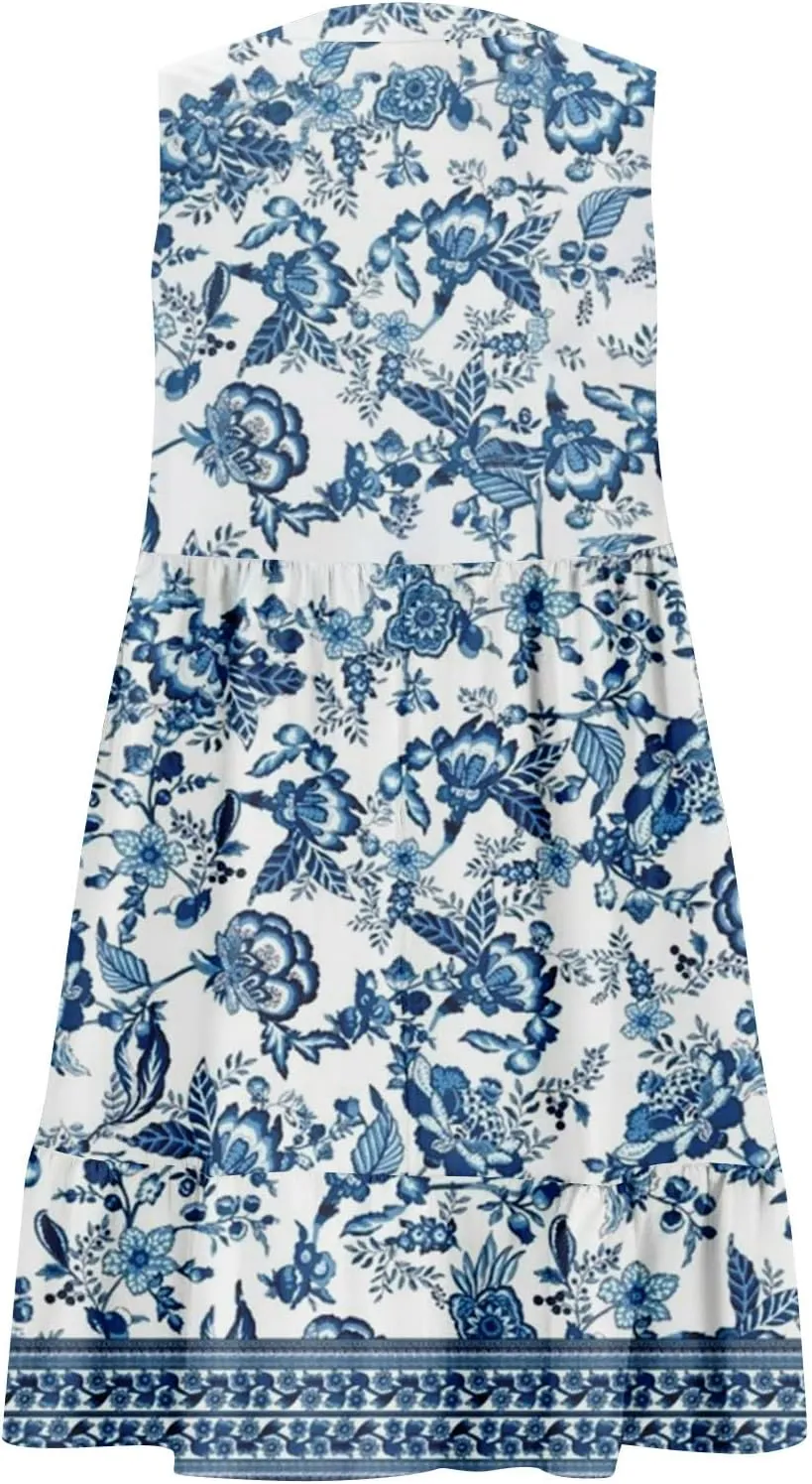 Summer Dresses for Women 2025 Casual Sleeveless Boho Floral High Waisted Ruffle V Neck Color Block A Line Mini Dress