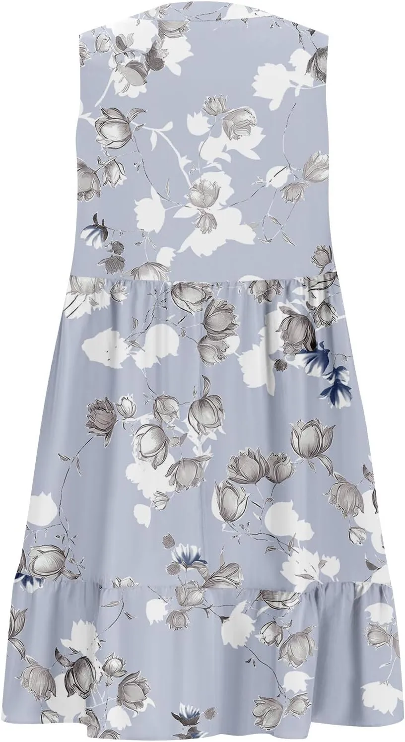 Summer Dresses for Women 2025 Casual Sleeveless Boho Floral High Waisted Ruffle V Neck Color Block A Line Mini Dress