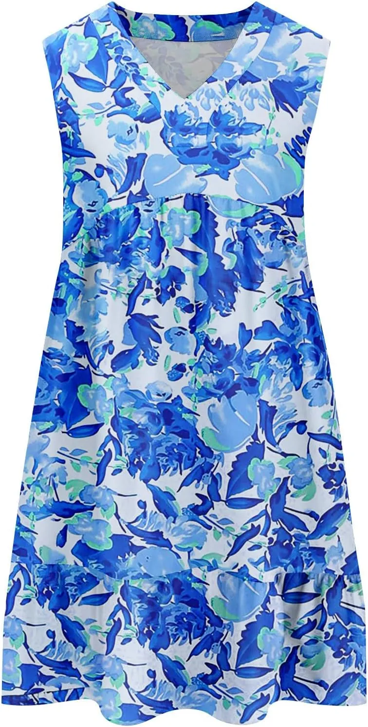 Summer Dresses for Women 2025 Casual Sleeveless Boho Floral High Waisted Ruffle V Neck Color Block A Line Mini Dress