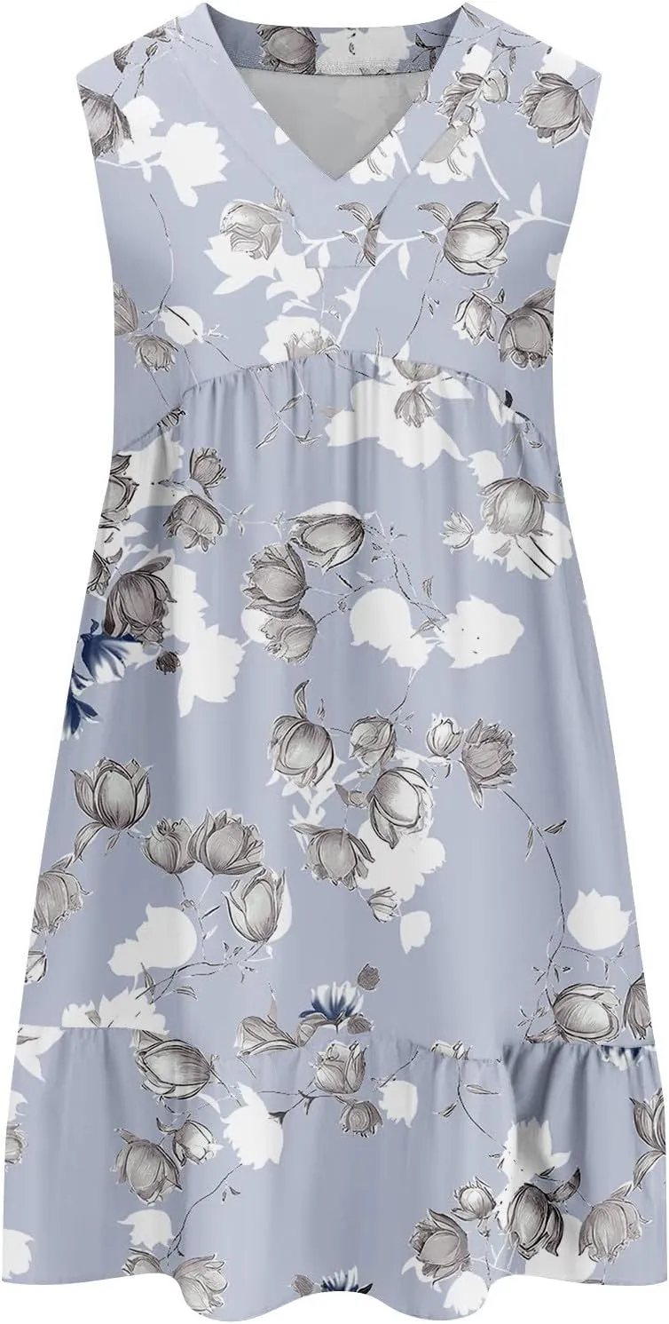 Summer Dresses for Women 2025 Casual Sleeveless Boho Floral High Waisted Ruffle V Neck Color Block A Line Mini Dress