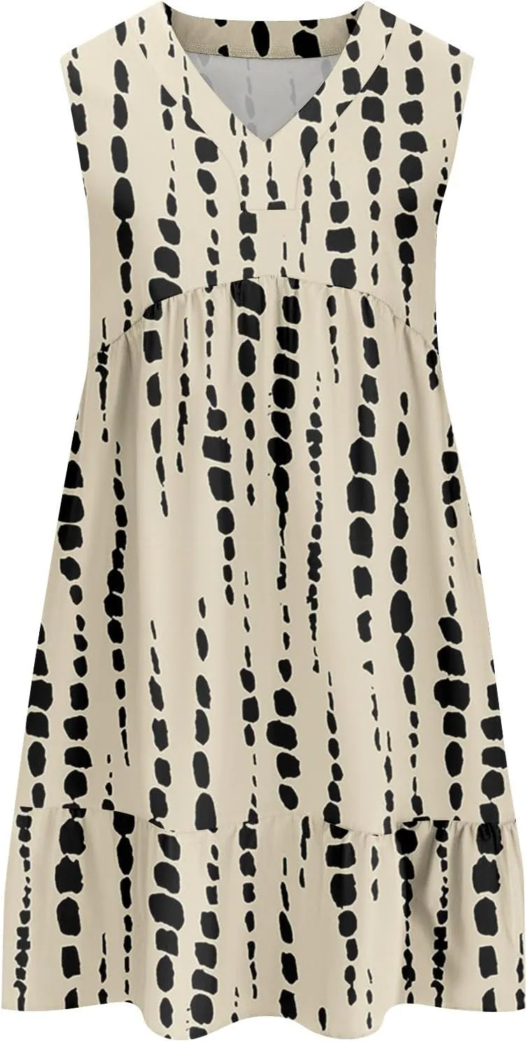 Summer Dresses for Women 2025 Casual Sleeveless Boho Floral High Waisted Ruffle V Neck Color Block A Line Mini Dress