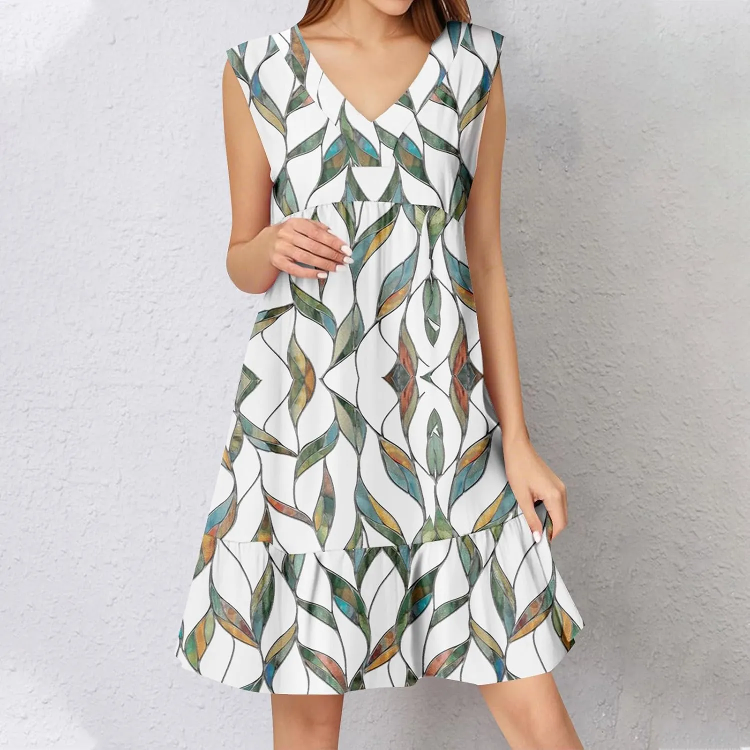Summer Dresses for Women 2025 Casual Sleeveless Boho Floral High Waisted Ruffle V Neck Color Block A Line Mini Dress