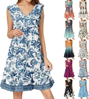 Summer Dresses for Women 2025 Casual Sleeveless Boho Floral High Waisted Ruffle V Neck Color Block A Line Mini Dress