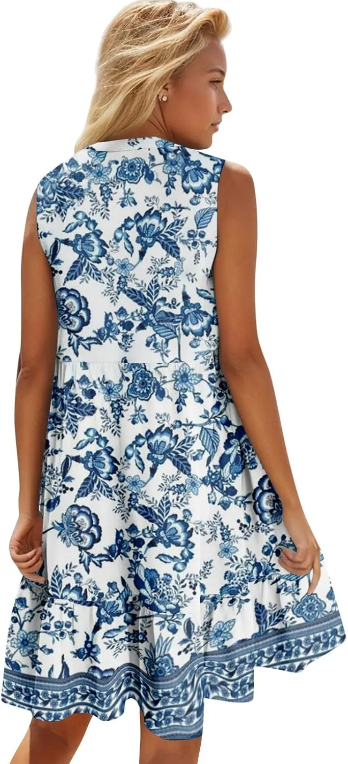 Summer Dresses for Women 2025 Casual Sleeveless Boho Floral High Waisted Ruffle V Neck Color Block A Line Mini Dress