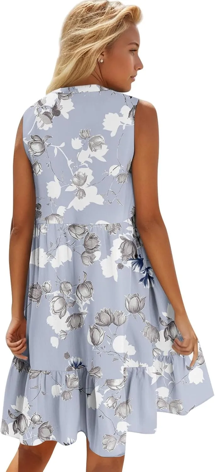 Summer Dresses for Women 2025 Casual Sleeveless Boho Floral High Waisted Ruffle V Neck Color Block A Line Mini Dress