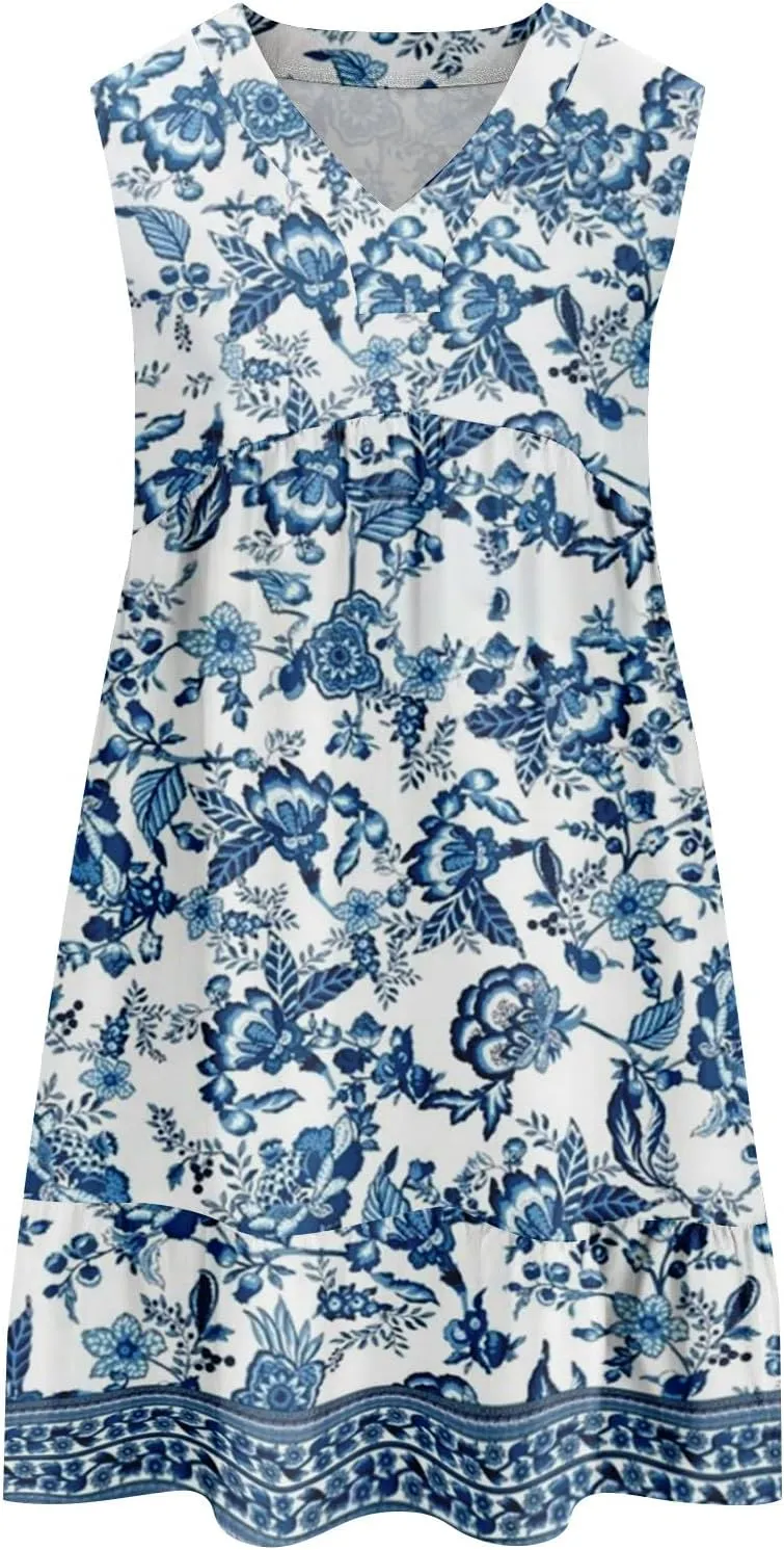 Summer Dresses for Women 2025 Casual Sleeveless Boho Floral High Waisted Ruffle V Neck Color Block A Line Mini Dress