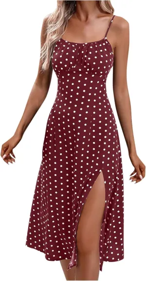 Summer Dresses for Women 2025 Polka Dot Spaghetti Strap Sexy Slit Midi Dresses Casual Vacation Beach Boho Sundress