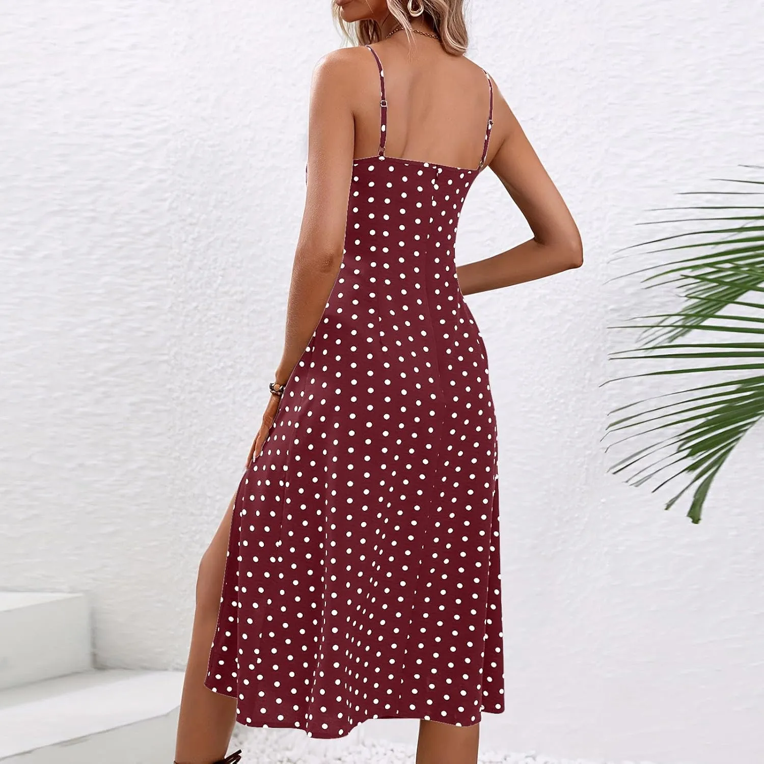 Summer Dresses for Women 2025 Polka Dot Spaghetti Strap Sexy Slit Midi Dresses Casual Vacation Beach Boho Sundress
