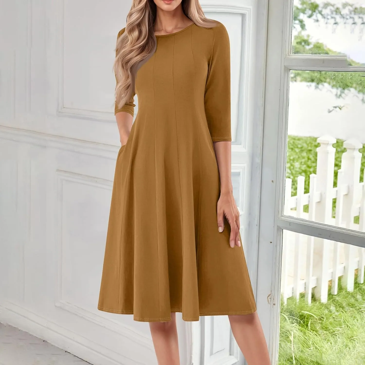 Summer Dresses for Women 2025 Round Neck 3/4 Sleeve Dress for Womens Dressed Midi Knee Length Dress with Pockets