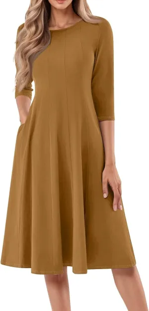 Summer Dresses for Women 2025 Round Neck 3/4 Sleeve Dress for Womens Dressed Midi Knee Length Dress with Pockets