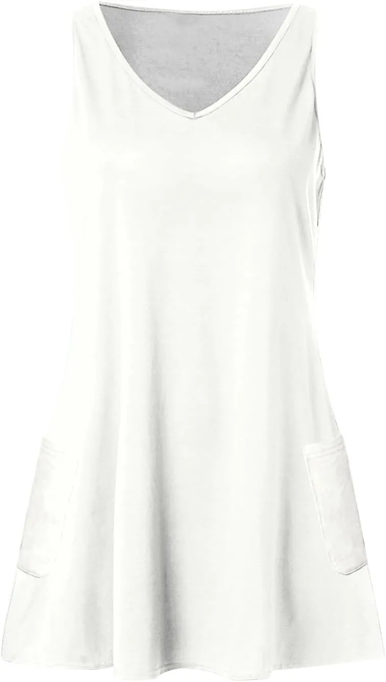 Summer Dresses for Women 2025 Vacation Casual V Neck Sleeveless Tank Sundress Boho Floral T Shirt Dress with Pockets