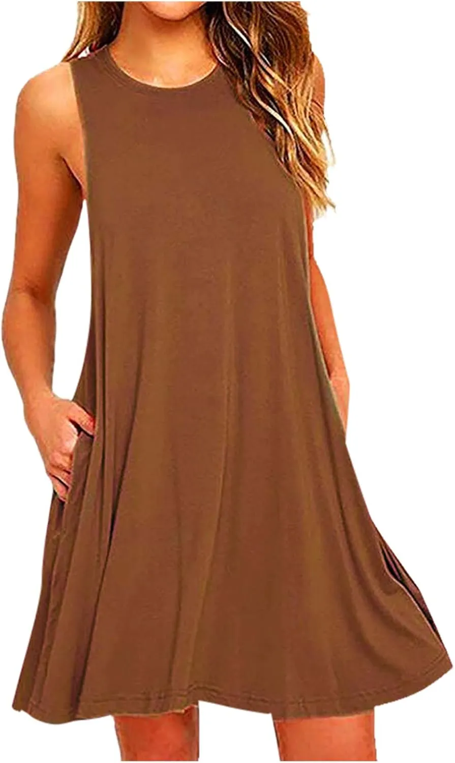 Summer Dresses for Women Sleeveless A-Line Beach Sundress Loose Casual Tank Dresses Tshirt Dress with Pockets