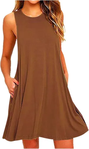 Summer Dresses for Women Sleeveless A-Line Beach Sundress Loose Casual Tank Dresses Tshirt Dress with Pockets
