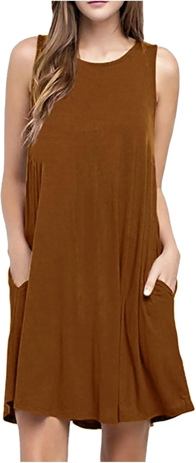 Summer Dresses for Women Sleeveless A-Line Beach Sundress Loose Casual Tank Dresses Tshirt Dress with Pockets