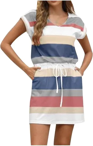 Summer Dresses for Women Tie Front A-Line Double Layer Hem Mini Dresses Beach Work Casual Sundress with Pockets
