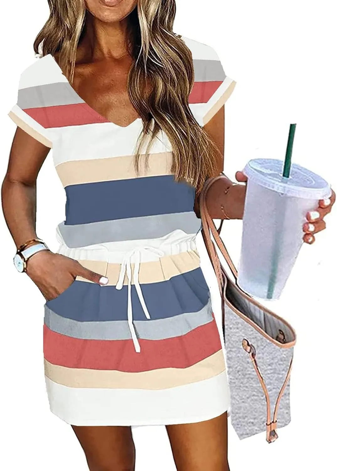 Summer Dresses for Women Tie Front A-Line Double Layer Hem Mini Dresses Beach Work Casual Sundress with Pockets