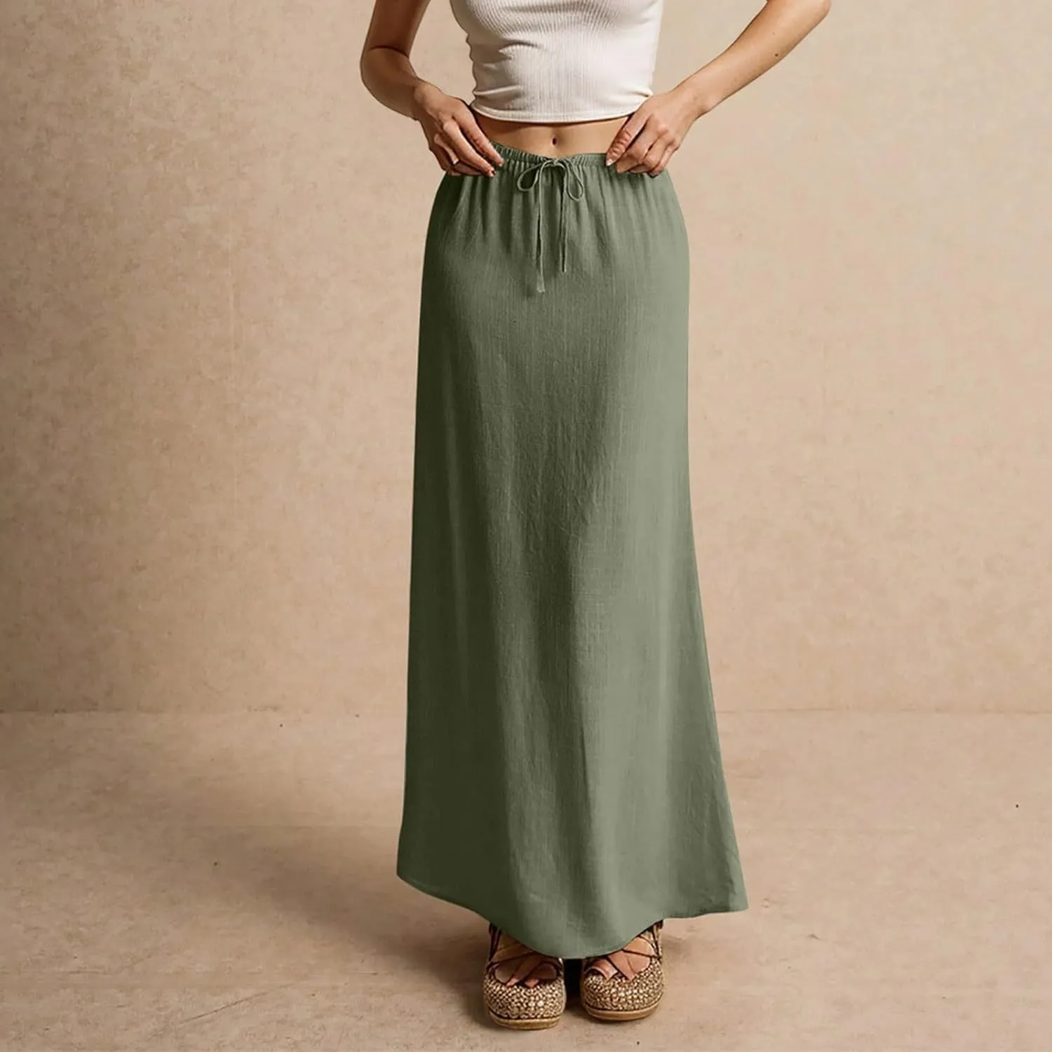 Summer Linen Maxi Skirts for Women Comfy Drawstring Waist A Line Cute Vacation Boho Long Flowy Skirt Trendy