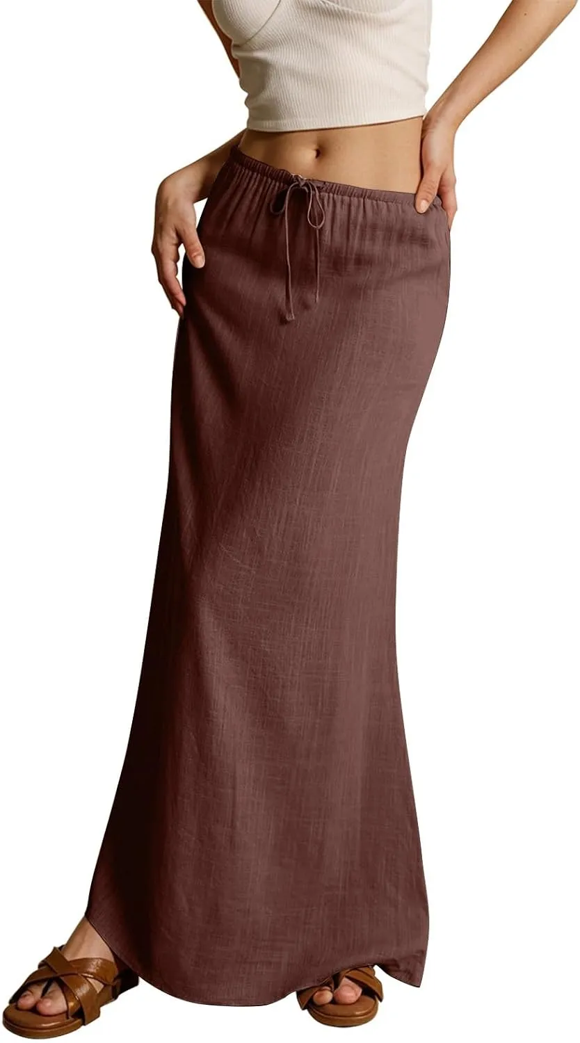 Summer Linen Maxi Skirts for Women Comfy Drawstring Waist A Line Cute Vacation Boho Long Flowy Skirt Trendy