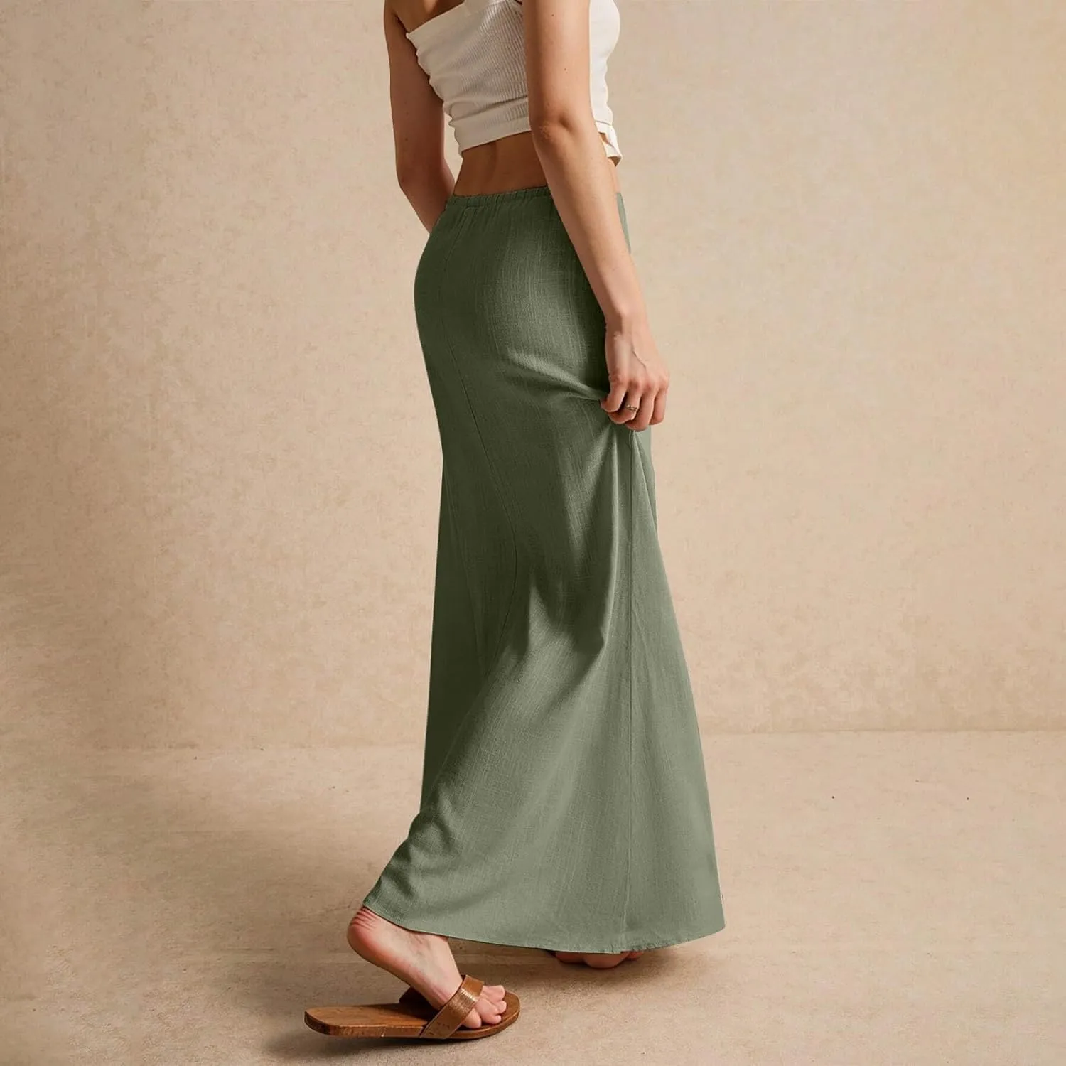 Summer Linen Maxi Skirts for Women Comfy Drawstring Waist A Line Cute Vacation Boho Long Flowy Skirt Trendy