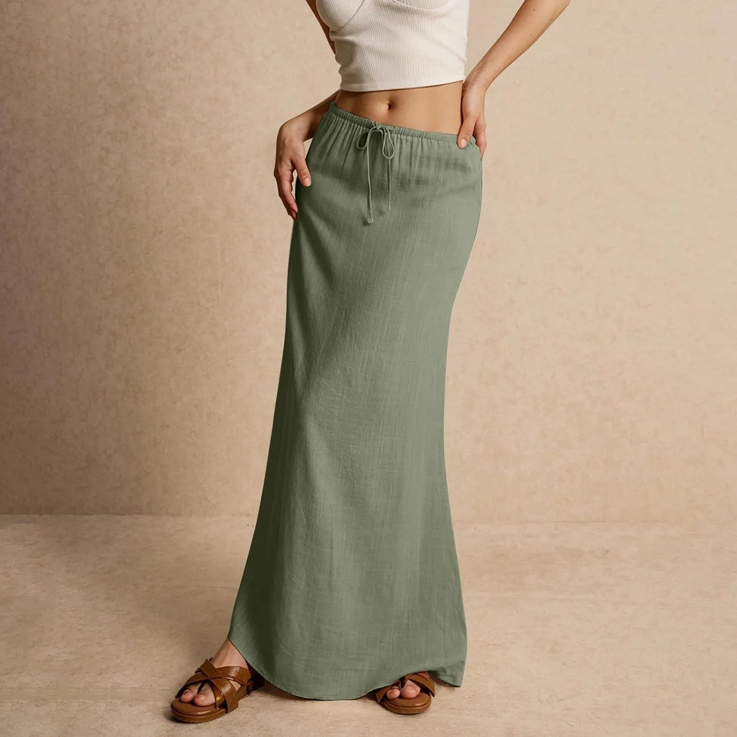 Summer Linen Maxi Skirts for Women Comfy Drawstring Waist A Line Cute Vacation Boho Long Flowy Skirt Trendy