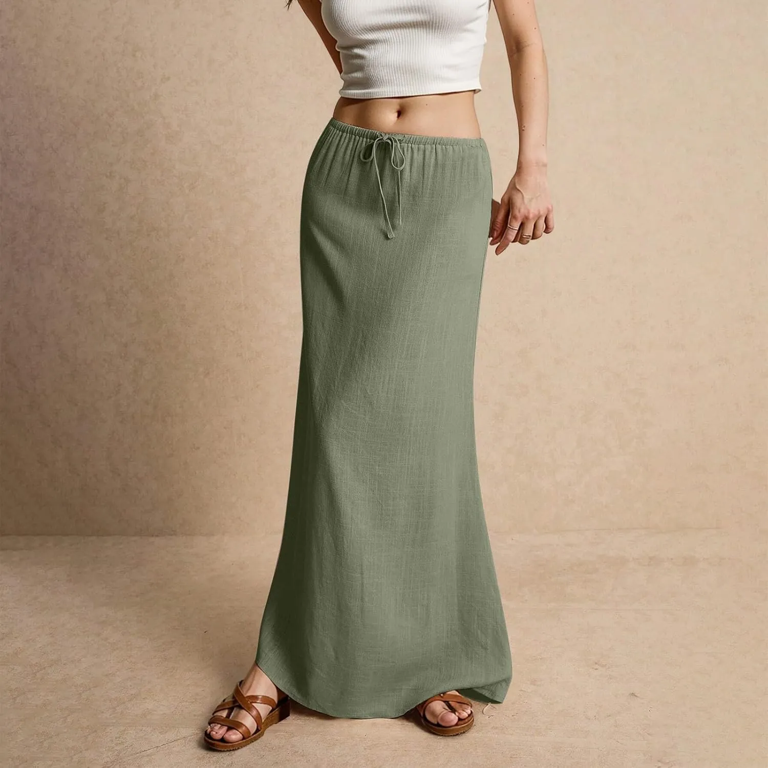 Summer Linen Maxi Skirts for Women Comfy Drawstring Waist A Line Cute Vacation Boho Long Flowy Skirt Trendy