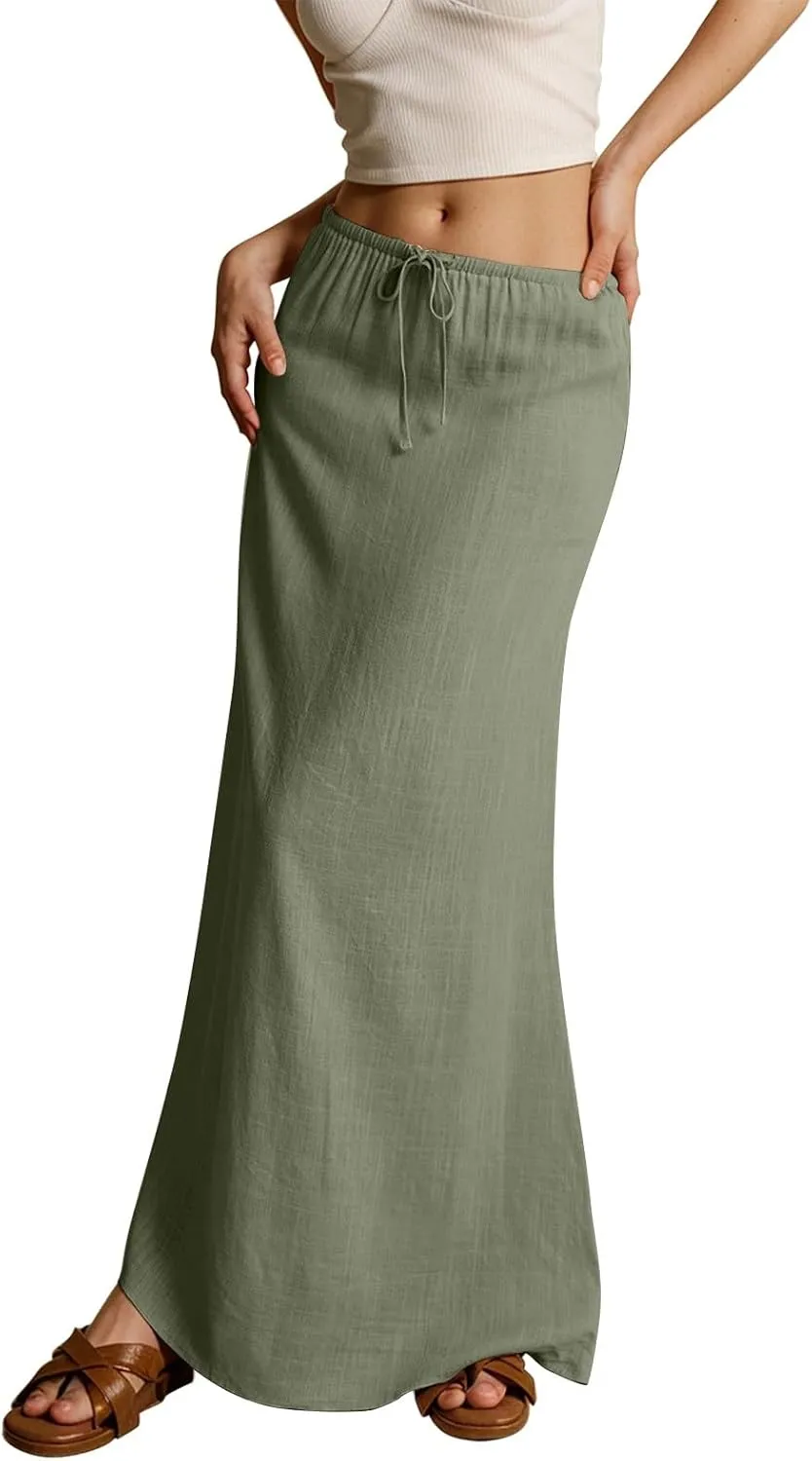 Summer Linen Maxi Skirts for Women Comfy Drawstring Waist A Line Cute Vacation Boho Long Flowy Skirt Trendy