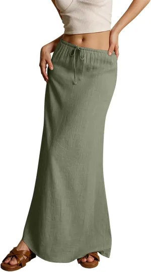 Summer Linen Maxi Skirts for Women Comfy Drawstring Waist A Line Cute Vacation Boho Long Flowy Skirt Trendy