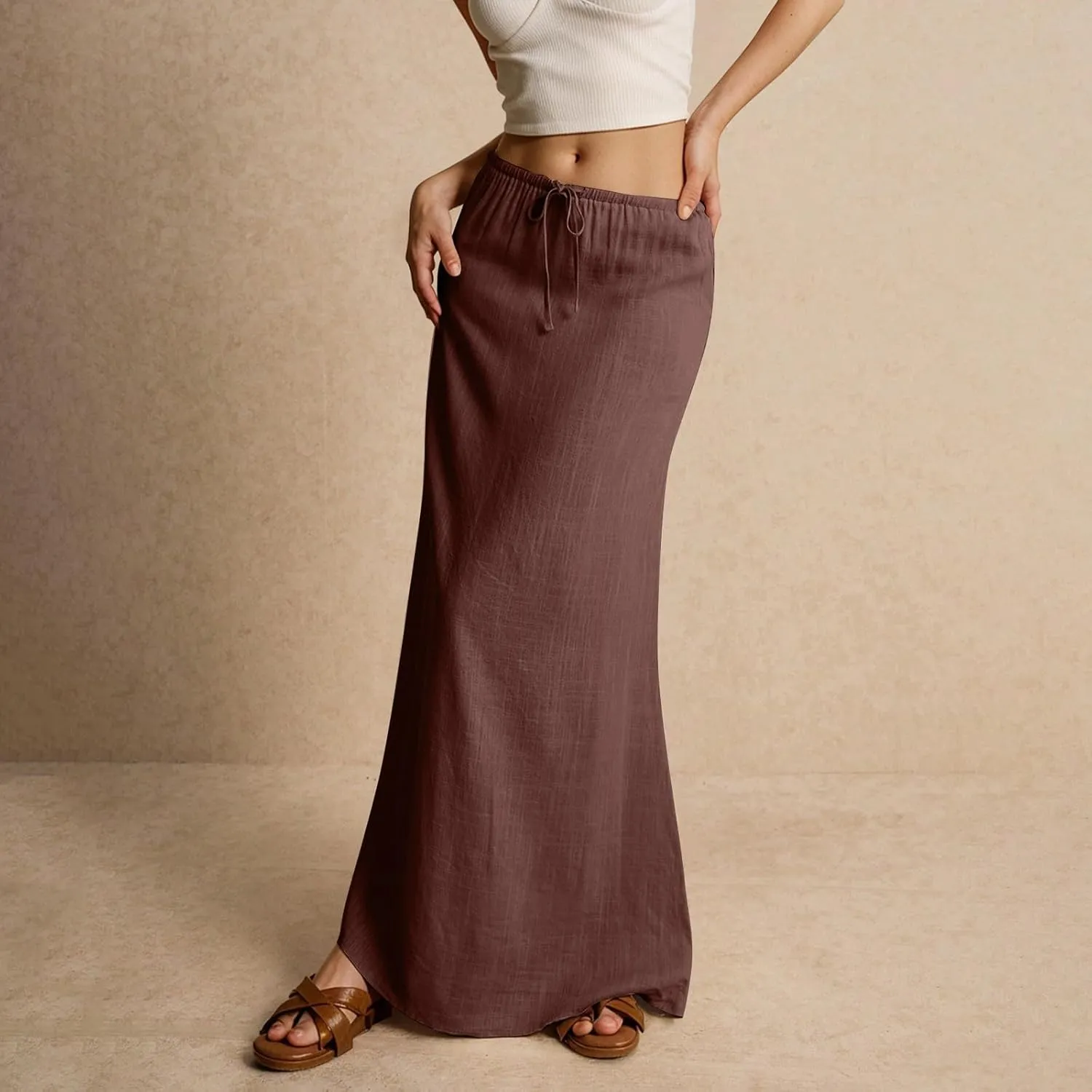 Summer Linen Maxi Skirts for Women Comfy Drawstring Waist A Line Cute Vacation Boho Long Flowy Skirt Trendy