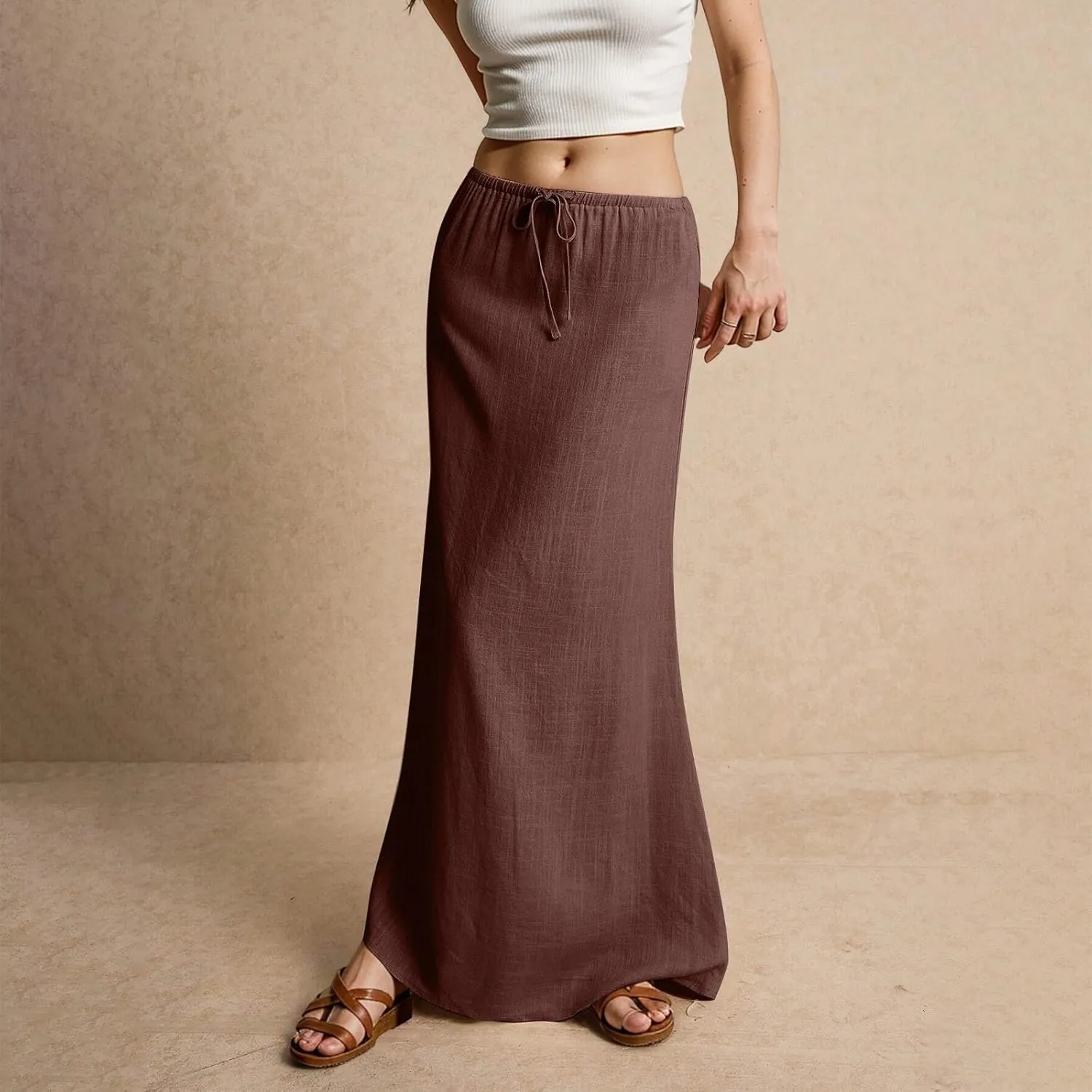 Summer Linen Maxi Skirts for Women Comfy Drawstring Waist A Line Cute Vacation Boho Long Flowy Skirt Trendy