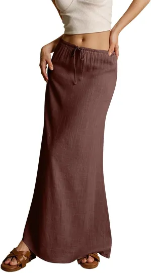 Summer Linen Maxi Skirts for Women Comfy Drawstring Waist A Line Cute Vacation Boho Long Flowy Skirt Trendy